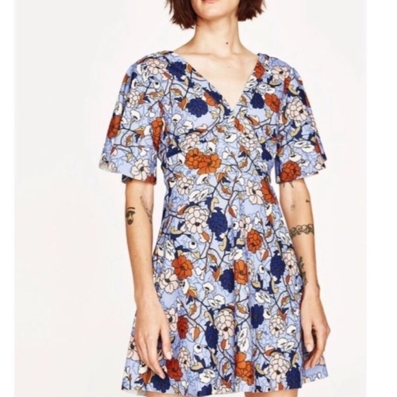Zara V Neck Back Blue‎ Floral Ruffle Sleeve Small - Picture 6 of 6